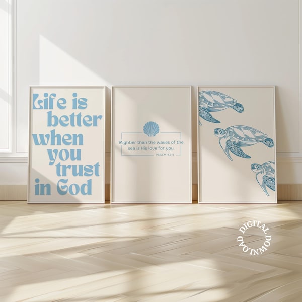 Beachy christelijke muurkunst set van 3 kust blauwe bijbelvers wordt afgedrukt kust citaat poster set downloadbare kunst schrift muur kunst lichtblauw