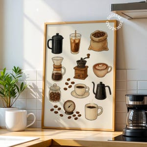 Coffee Wall Art, Modern Kitchen Printable Poster Coffee Lover Gift Print, Bar Cart Caffe Decor Retro Wall Art Poster Digital Boho Minimalist
