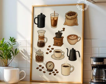 Koffie muurkunst, moderne keuken afdrukbare poster koffieliefhebber cadeau print, barwagen café decor retro muur kunst poster digitaal boho minimalistisch