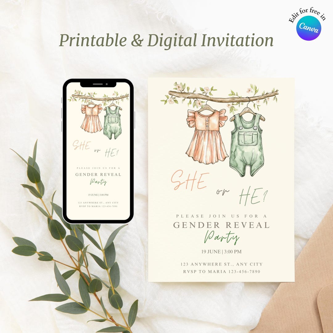 Gender Reveal He or She Invitation, Printable Baby Shower Invite ...