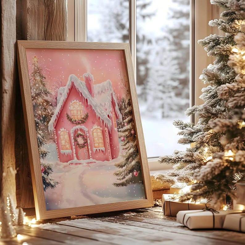 May include: A framed print of a pink gingerbread house covered in snow, with a wreath on the door and snow-covered trees. The artwork is leaning against a window with a snowy outdoor scene. A Christmas tree and wrapped gifts are in the foreground.