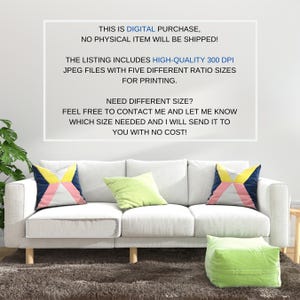 May include: A white sofa with wooden legs, adorned with colorful throw pillows in shades of pink, yellow, and blue. A green ottoman and a green pillow add a pop of color. The text on the wall says "THIS IS DIGITAL PURCHASE, NO PHYSICAL ITEM WILL BE SHIPPED!"