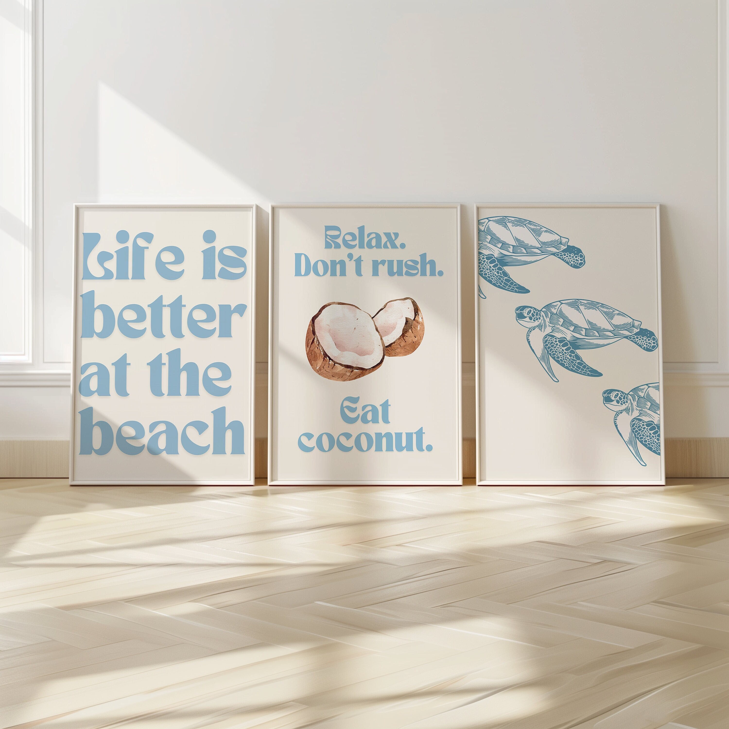 Coastal Wall Art Set of 3 Nautical Prints Light Blue Wall Art Calming ...