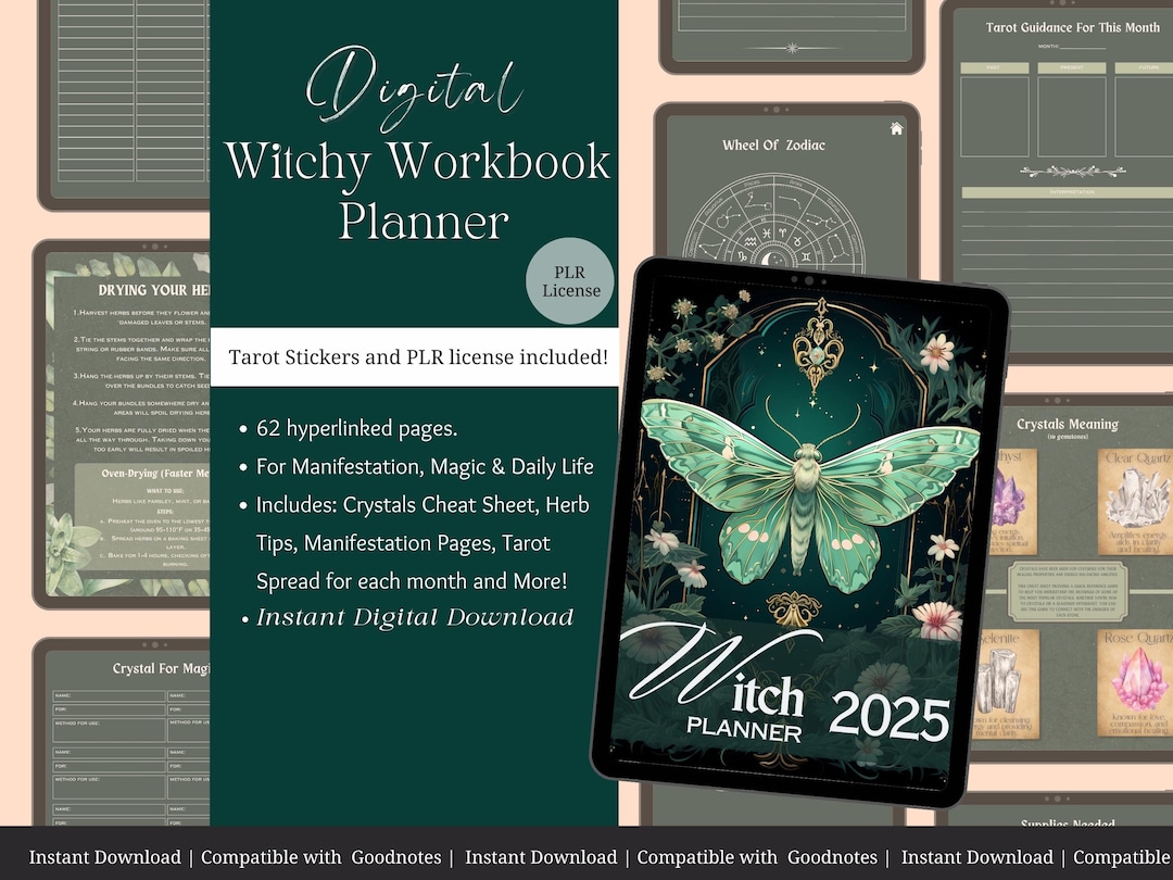 Witchy Digital Planner 2025, PLR Green Witch Workbook Goodnotes Monthly ...