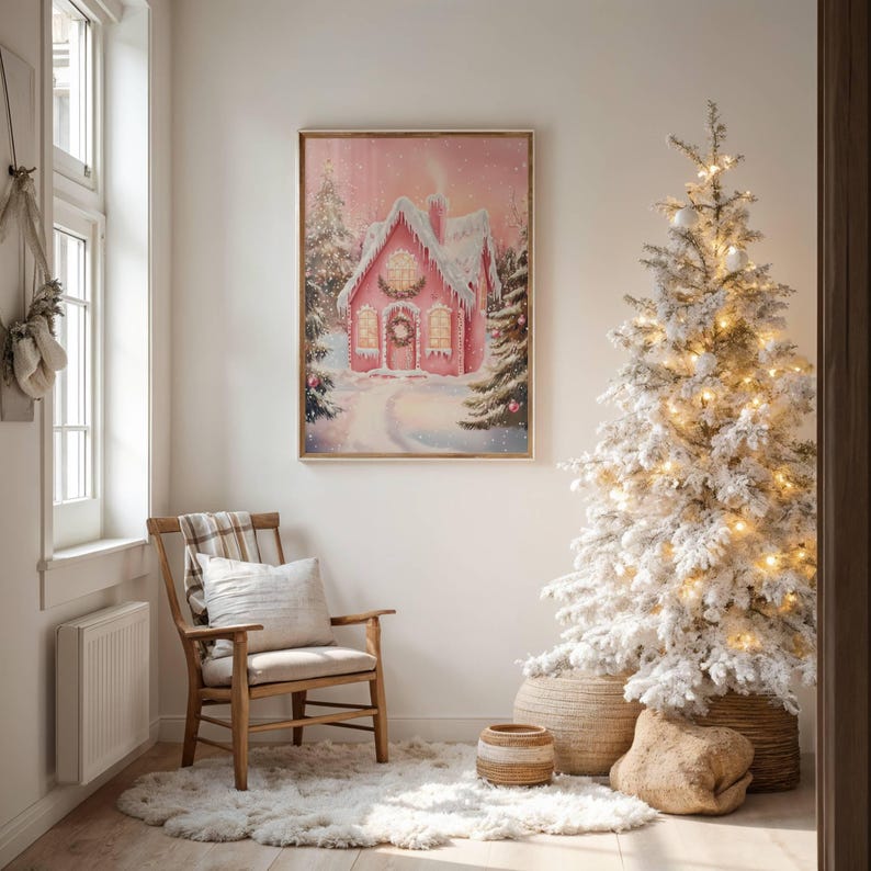 May include: A framed pink Christmas house painting hangs on a white wall. A flocked Christmas tree with lights stands next to the painting. A wooden chair with a plaid blanket and pillow sits on a white rug. A small basket and a decorative rock are on the floor.
