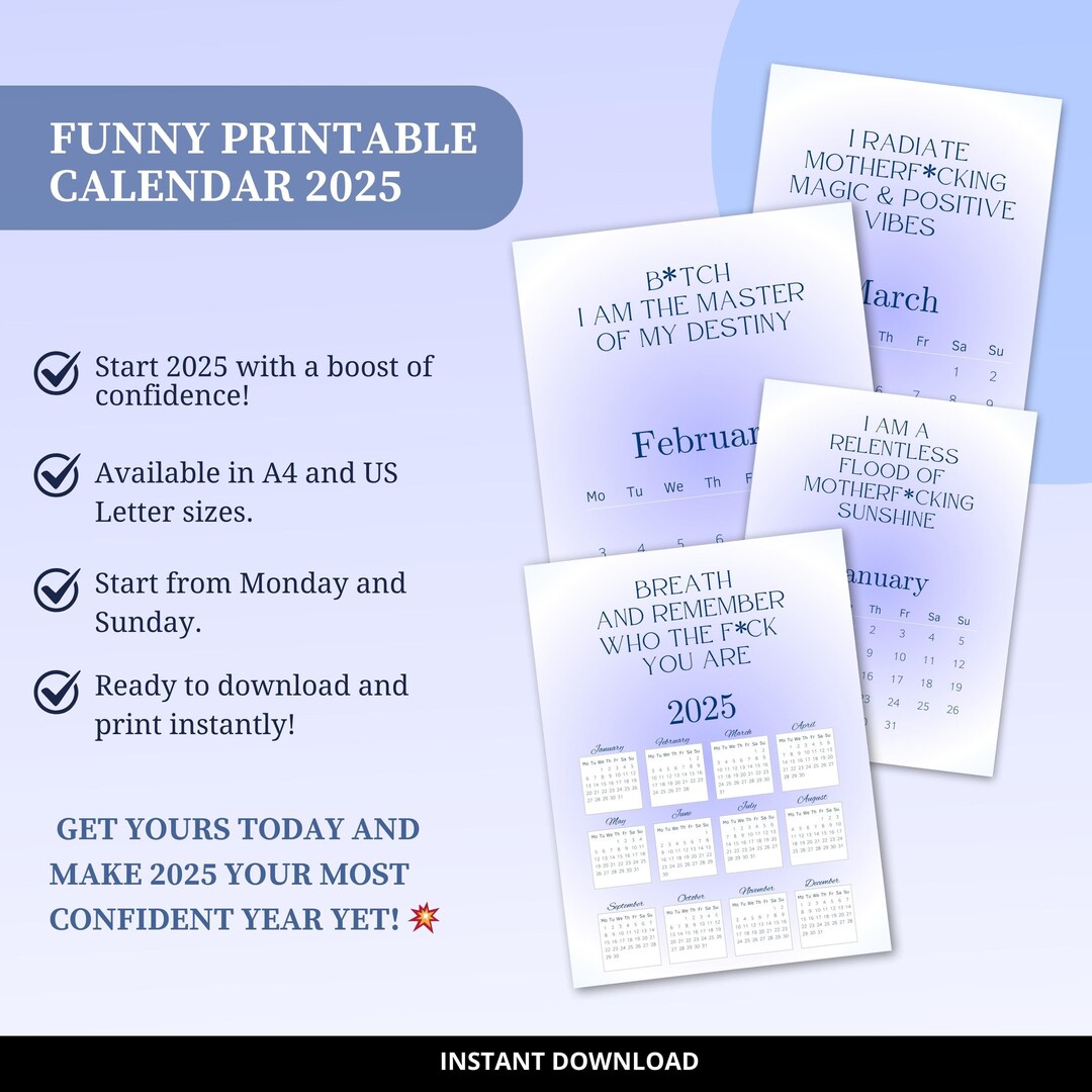 Funny Swear Calendar 2025, Printable Swearing Monthly Calendar Digital