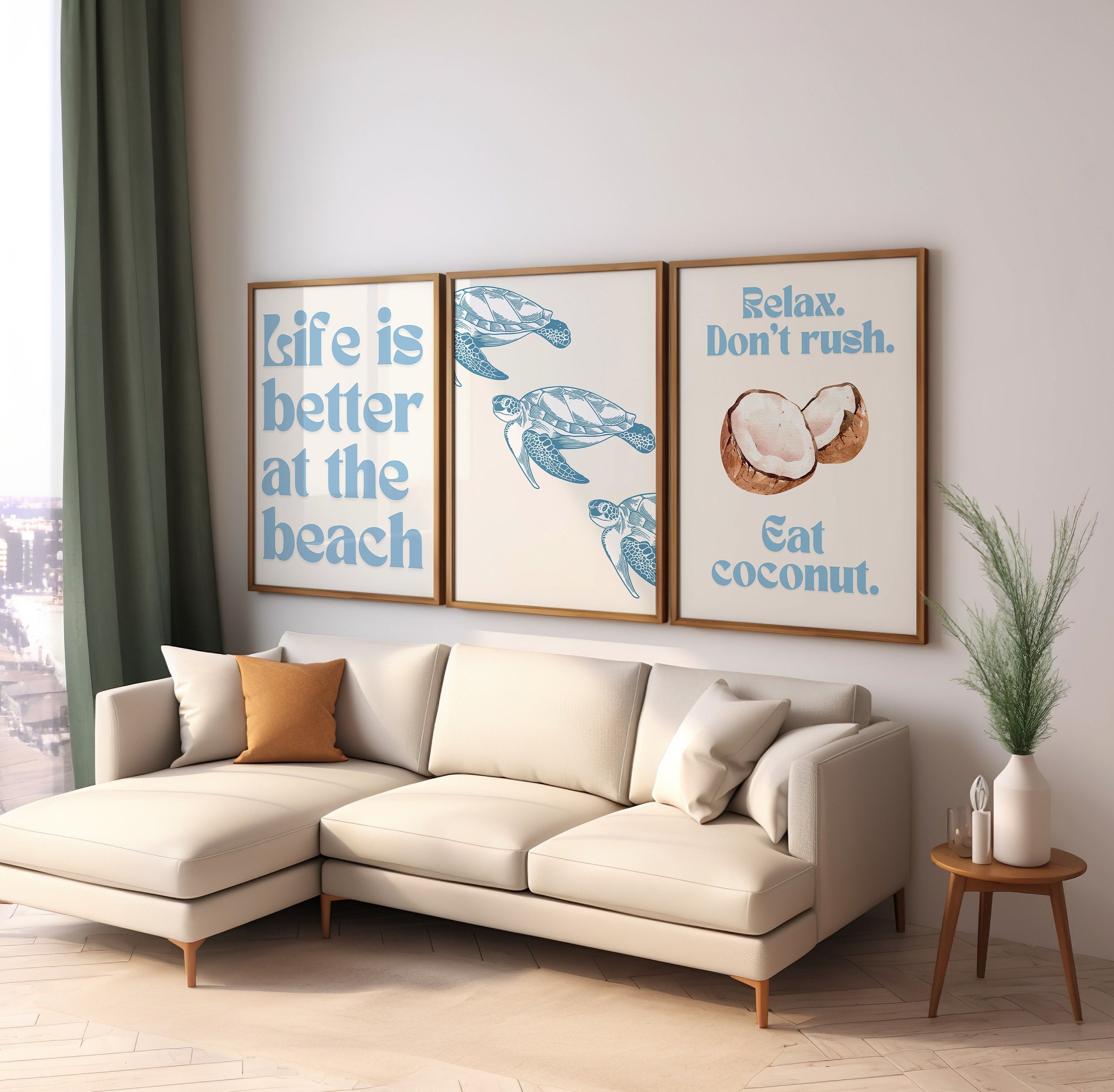 Coastal Wall Art Set of 3 Nautical Prints Light Blue Wall Art Calming ...