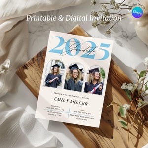 Faire-part de remise des diplômes numérique et imprimable Invitation pour diplômés universitaires bleu Modèle de carte de faire-part de remise des diplômes Invitation de fête des diplômés seniors 2025