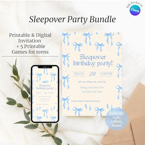Paquete de invitación de cumpleaños para fiesta de pijamas azul + juegos de pijamas imprimibles para adolescentes, invitación digital para fiesta de pijamas de niña de 16 años
