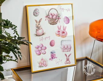 Easter Rabbit Collage Print, Pink Easter Eggs & Bunny Wall Art Coquette Printable Easter Wall Decor Dopamine Decor Girly Bedroom Wall Art