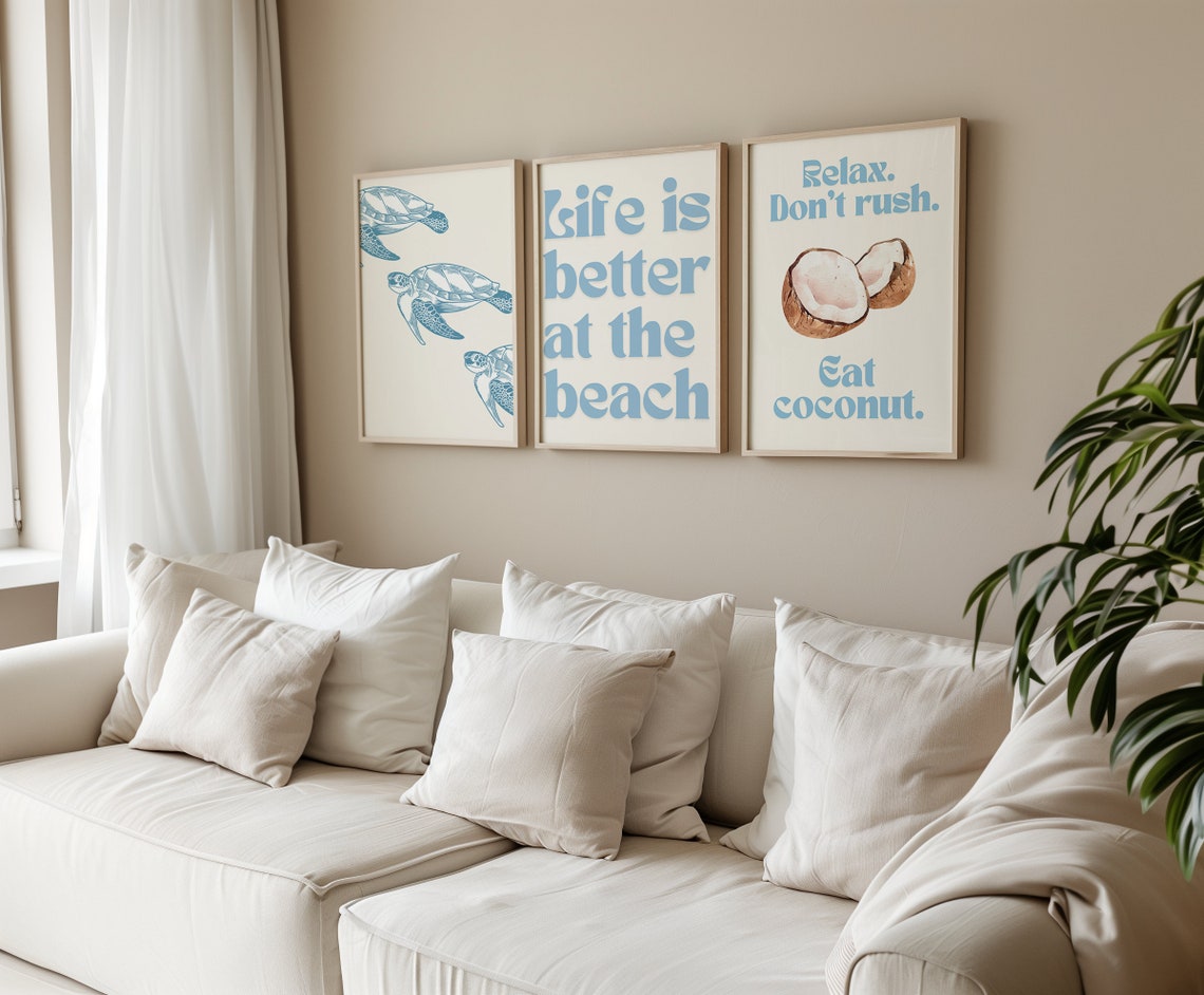 Coastal Wall Art Set of 3 Nautical Prints Light Blue Wall Art Calming