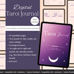 Tarot Journal Digital, Tarot Card Planner Goodnotes Tarot Spreads, Spiritual 2025 Planner Grimoire Witchy Journal Tarot Stickers PLR Planner