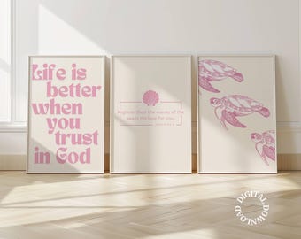 Juego de 3 impresiones cristianas de pared en rosa, con versículos bíblicos playeros, pósteres con citas costeras, arte descargable, decoración de dormitorio para niñas.
