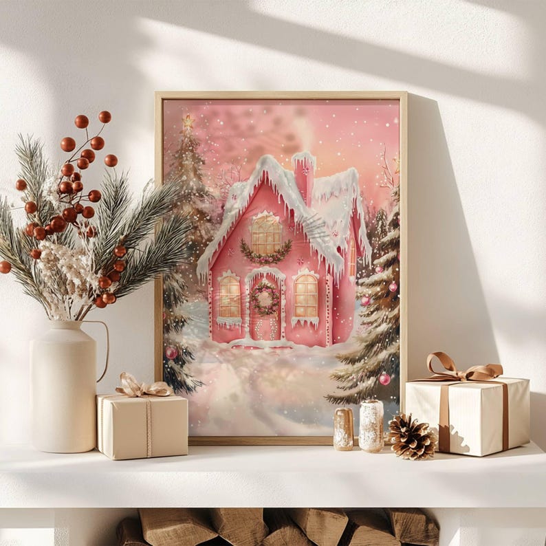 May include: A framed print of a pink gingerbread house covered in snow, with a wreath on the door and lights in the windows. The artwork is set in a snowy forest scene, with a vase of berries and a wrapped gift box in the foreground.