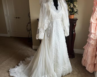 Vintage Wedding Gown- Lace, Ruffles and Matching Veil with Headpiece- Cleaned and Preserved!!