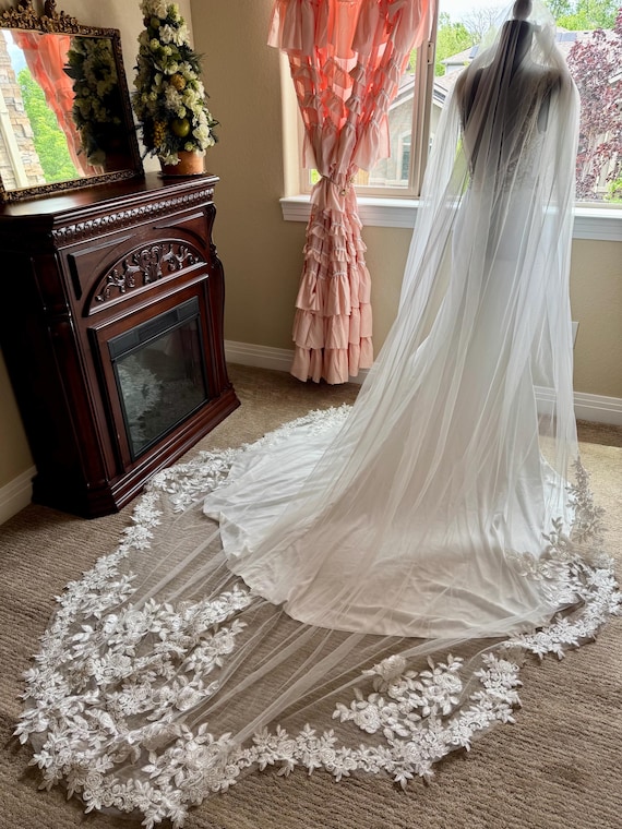 silk wedding dress with veil Silk wedding veil with lace edges - French lace trimmed Silk tulle train veil