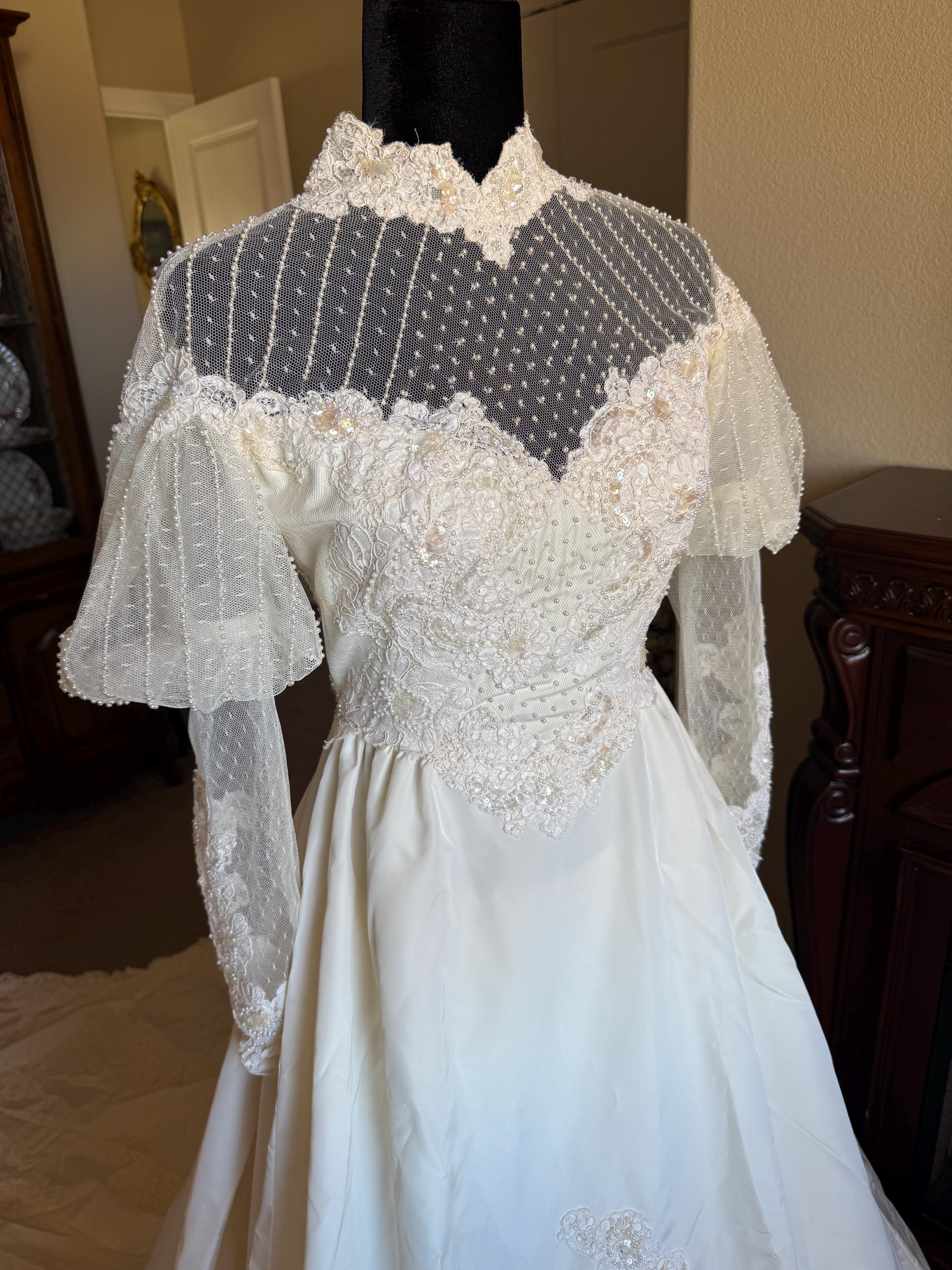 1980s Couture Wedding Gown Hand-Pearled Alençon Lace, Victorian,…