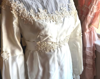 Vintage 1970s Wedding Dress, High Neck Lace & Pearl Detail, Long Sleeve Bridal Gown- Bridgerton