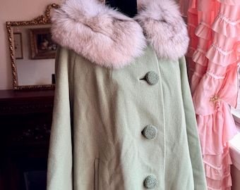 Holly Plush Vintage Sage Green Coat with Fur Collar