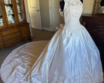 1990s Couture Silk Ballgown Wedding Dress | Alençon Lace, Detachable Cathedral Train, Cleaned & Preserved!!