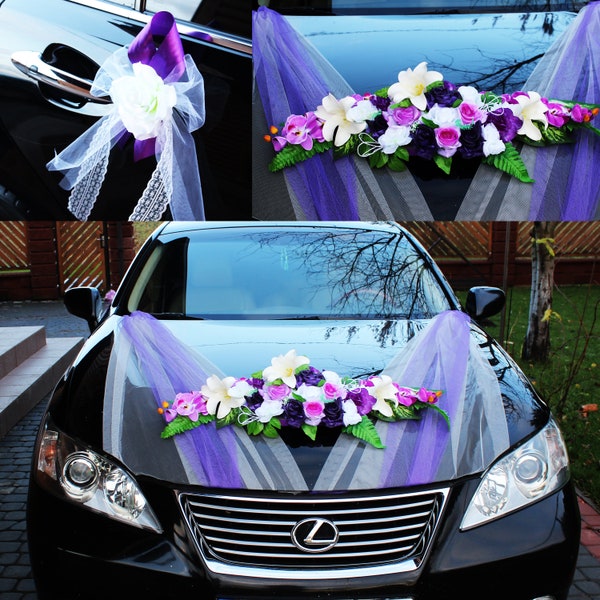 Décoration de voiture bohème chic en violet ou rose, bouquet de fleurs pour mariage, décoration rustique