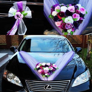 Conjunto de decoraciones para un corazón de coche de boda, ramo de flores de coche, letrero de coche recién casado, flores de decoración de coche, decoración de coche púrpura, coche de flores lilas