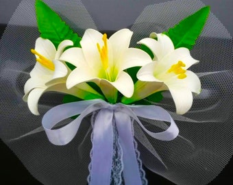 White Lily Car Decoration Bundle for Weddings, Car Door Bows, loop antenna car