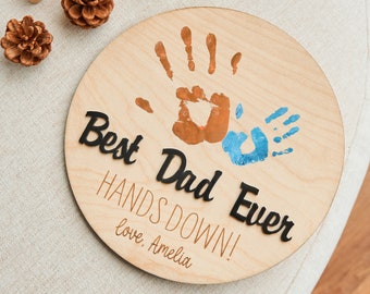 DIY Hands Down Print Art Craft The Best Dad Ever, Personalized Dad & Kids Wooden Sign, Custom Kids Handprint Kit, Fathers Day Gift from Kids