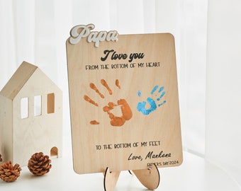 DIY Hands Down Print Art Craft Love Papa, Personalized Dad Wooden Sign, Custom Engraved Kids Handprint Kit, Fathers Day Gift from Kids