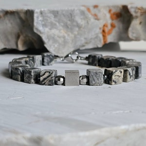 Pulsera de piedras cúbicas para hombre con cierre de acero / Jaspe Mapa / Hematites / Acero Inoxidable / ARRTIFEX