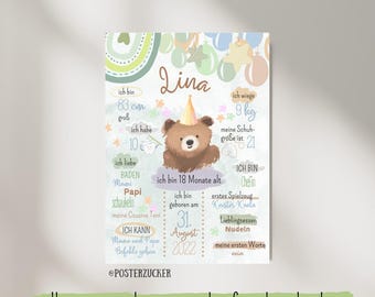 Teddy milestone poster I Teddy fans I personalizable birth board 1st, 2nd, 3rd, 4th, 5th, 6th birthday I birth poster