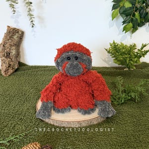 May include: A handmade crochet orangutan plush toy with red and gray fur, sitting on a wooden slice. The plush has a detailed face and is displayed on a green surface with foliage. The text "THECROCHETZOOLOGIST" is visible.