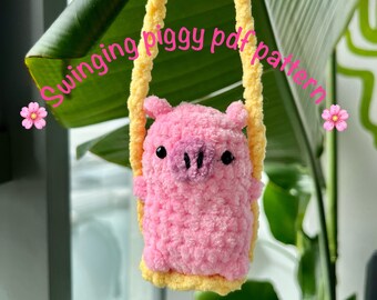 Pig on a swing PDF crochet pattern - swimming Amigurumi, pig crochet pattern, pig Amigurumi, crochet plushie, crochet car accessories