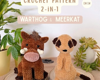 Warthog & Meerkat 2-in-1 Crochet Bundle Pattern, African animal crochet, low sew, the crochet zoologist