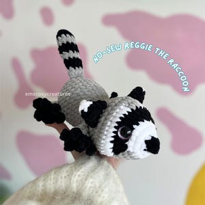Raccoon crochet pattern no sew, no sew crochet, easy beginners crochet, raccoon plushie crochet, cute amigurumi, emscosycreatures trash pals