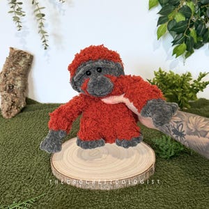 May include: A handmade crochet orangutan doll with red and gray fur. The plush toy is displayed on a wooden slice, with the text "THE CROCHETZOOLOGIST" visible. The background includes green foliage and a green textured surface.