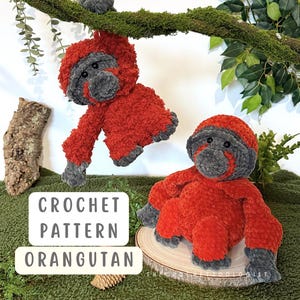 May include: Two handmade crochet orangutans in a plush, textured style. One hangs from a moss-covered branch, the other sits on a wooden slice. The orangutans are primarily red with gray accents, and the image includes the text "CROCHET PATTERN ORANGUTAN."