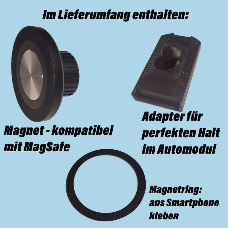 May include: A product set for a car phone mount, including a black magnetic mount, a black adapter, and a black adhesive ring. Text on the image reads: "Magnet-kompatibel mit MagSafe" and "Adapter f&uuml;r perfekten Halt im Automodul."