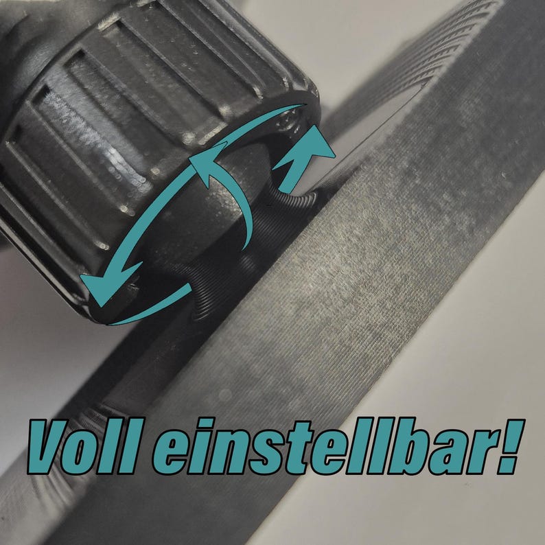 May include: Close-up of a black adjustable tool component with a textured grip, featuring teal arrows indicating rotational movement. The text "Voll einstellbar!" is displayed in teal at the bottom, suggesting full adjustability.