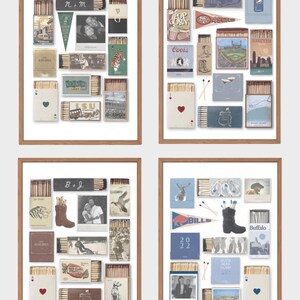 May include: Four framed prints with a collage of matchboxes, playing cards, and other small items. Each print has a different couple's initials and a photo of the couple. The prints are all in a white frame with a brown mat.