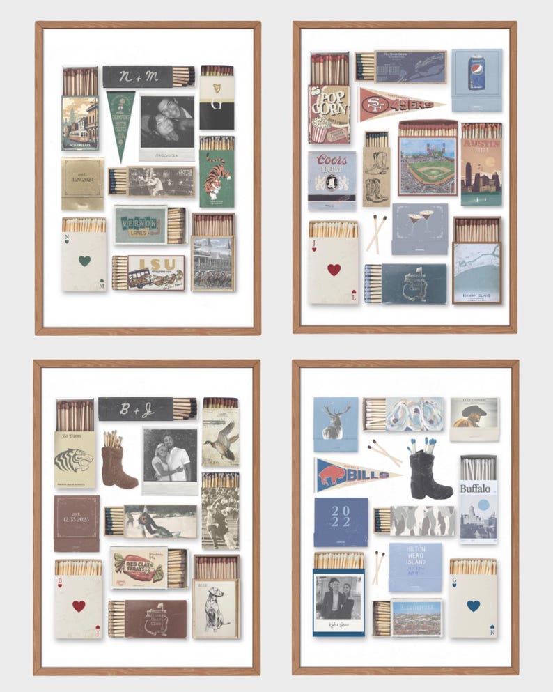 May include: Four framed prints with a collage of matchboxes, playing cards, and other small items. Each print has a different couple's initials and a photo of the couple. The prints are all in a white frame with a brown mat.