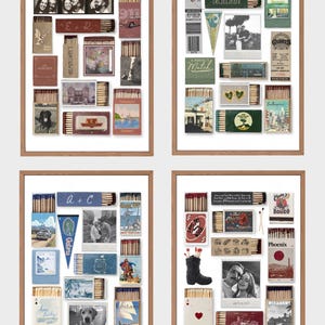 May include: Four framed collages of matchboxes with various images and text. The top left collage has a couple's photo, a car, and the text "E+R". The top right collage has a date, "06.20.2024", a heart, and the text "A Perfect Match". The bottom left collage has a couple's photo, a car, and the text "A+C". The bottom right collage has a couple's photo, a motorcycle, and the text "Phoenix".