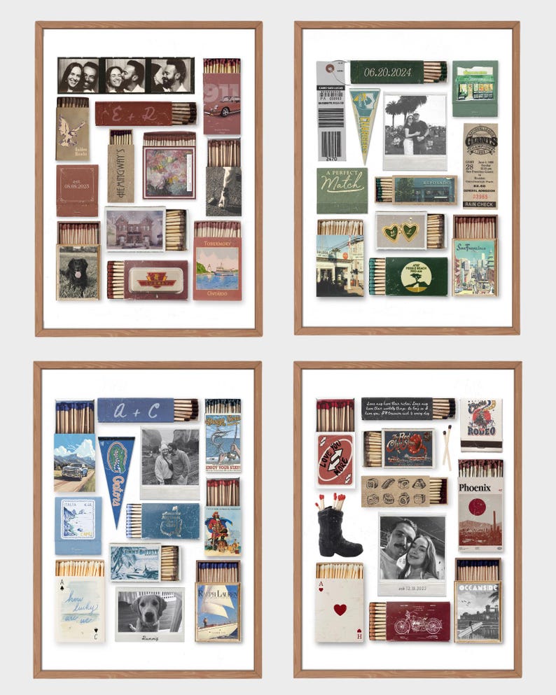 May include: Four framed collages of matchboxes with various images and text. The top left collage has a couple's photo, a car, and the text "E+R". The top right collage has a date, "06.20.2024", a heart, and the text "A Perfect Match". The bottom left collage has a couple's photo, a car, and the text "A+C". The bottom right collage has a couple's photo, a motorcycle, and the text "Phoenix".