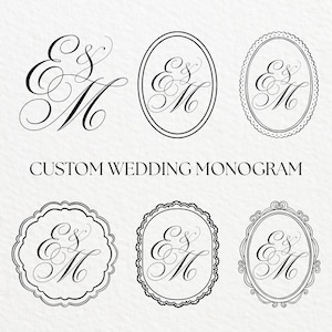 May include: A selection of custom wedding monograms in black script. The monograms feature the letters "E" and "M" within different oval and decorative frames, including scalloped and ornate designs. The text "CUSTOM WEDDING MONOGRAM" is displayed.