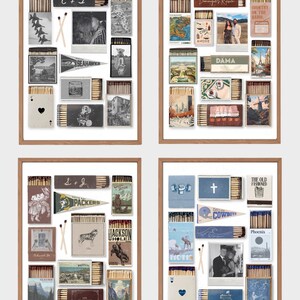 May include: Four framed collages of matchboxes with various images and text. The top left collage features images of airplanes, a person, and a glass of ice. The top right collage features images of a city, a couple, and a windmill. The bottom left collage features images of a football, a dog, and a mountain. The bottom right collage features images of a boat, a couple, and a baseball.