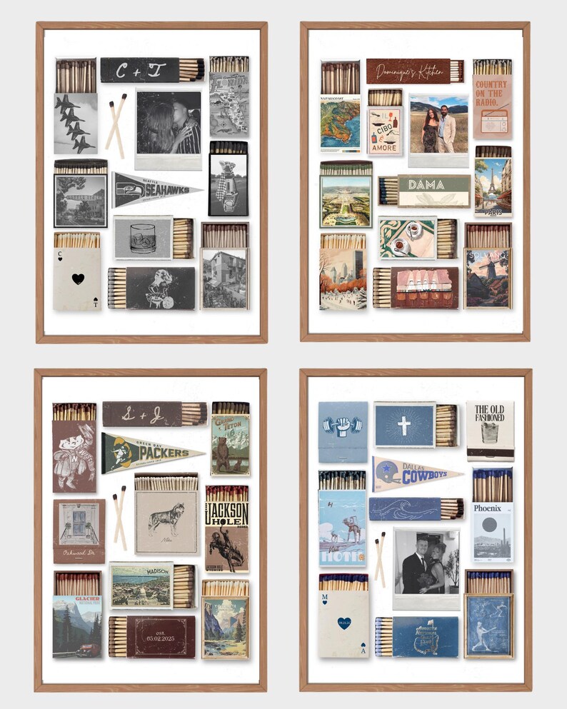 May include: Four framed collages of matchboxes with various images and text. The top left collage features images of airplanes, a person, and a glass of ice. The top right collage features images of a city, a couple, and a windmill. The bottom left collage features images of a football, a dog, and a mountain. The bottom right collage features images of a boat, a couple, and a baseball.