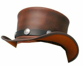 Mens Top Hat Steampunk Brown Leather Top Hat Buffalo Motorcycle Rider Biker