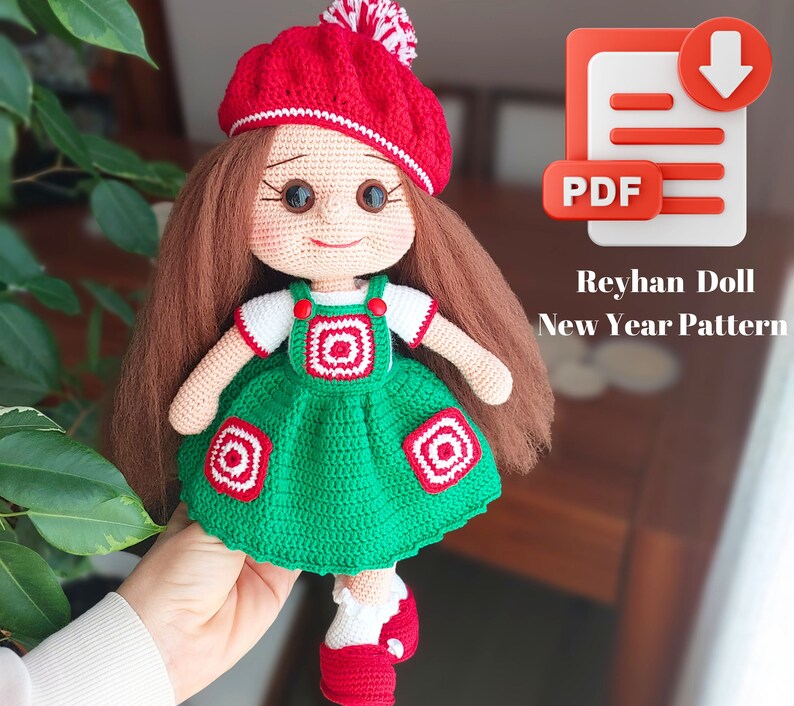 May include: Crochet doll pattern for a New Year's doll wearing a red and white hat, green dress, and red shoes. The pattern is available as a PDF download.