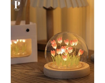 Handmade DIY Tulip Lamp, Glass Dome Tulip Night Light, Home Decor, DIY Decoration, Gift for Girls, Gift for Kids, Wedding Gift, Beside Lamp