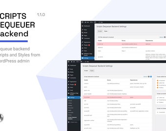 May include: A screenshot of a WordPress admin panel showing the settings for the Scripts Dequeuer Backend plugin. The plugin allows users to dequeue backend scripts and styles from the WordPress admin area.